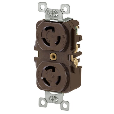 Bryant Duplex Locking Receptacle, L7-15R, 15 A, 277V AC, Single Phase, 2 Pole, Screw Terminals, Brown 4750DR